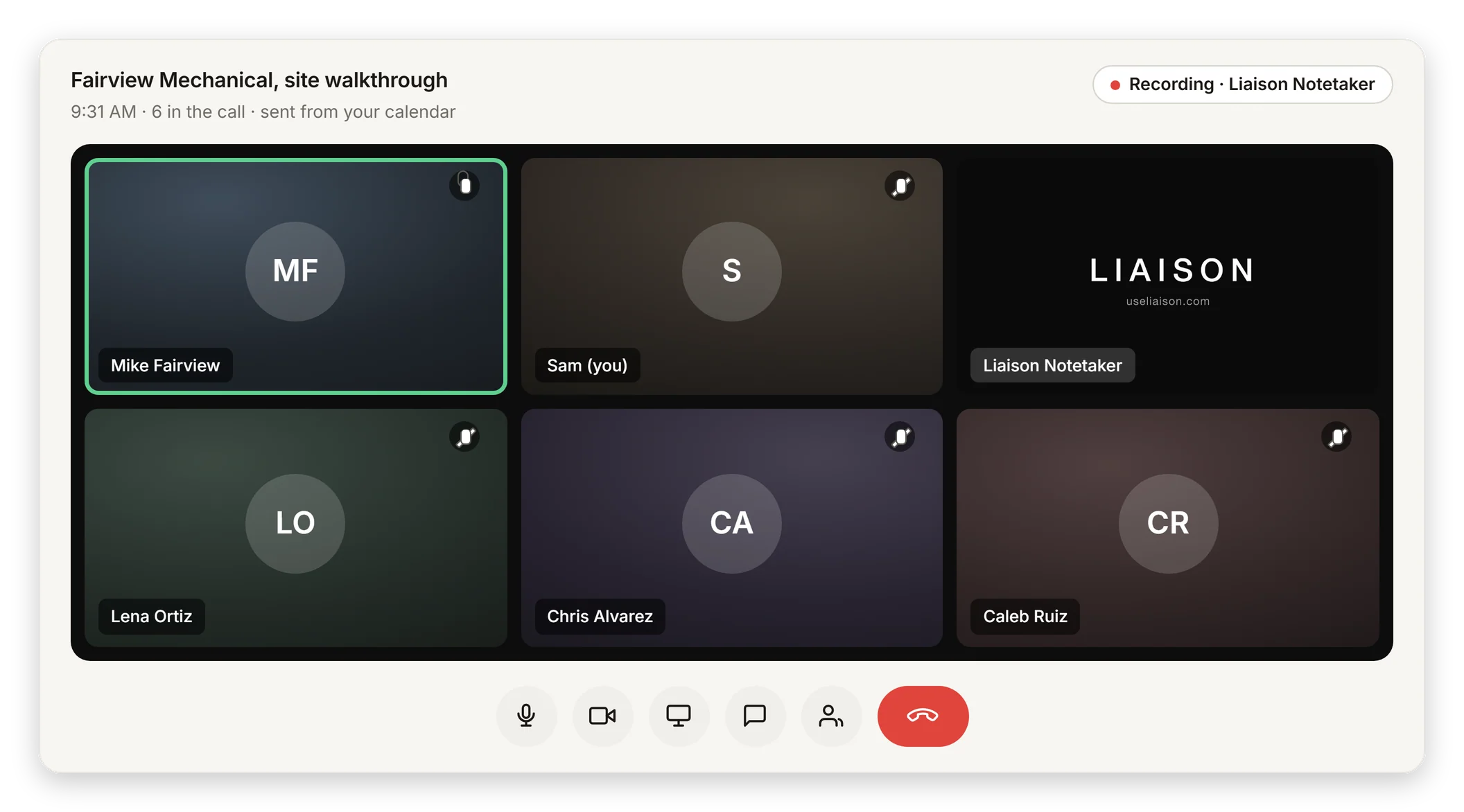A video call with six tiles: Mike Fairview speaking, Sam, Lena Ortiz, Chris Alvarez, Caleb Ruiz, and one black tile that is the Liaison Notetaker. The header reads Recording, Liaison Notetaker. Below the grid is the message it posted to the room: it is recording and transcribing for Sam on behalf of Brightline, audio is deleted within 24 hours, and anyone can type slash liaison stop to end it