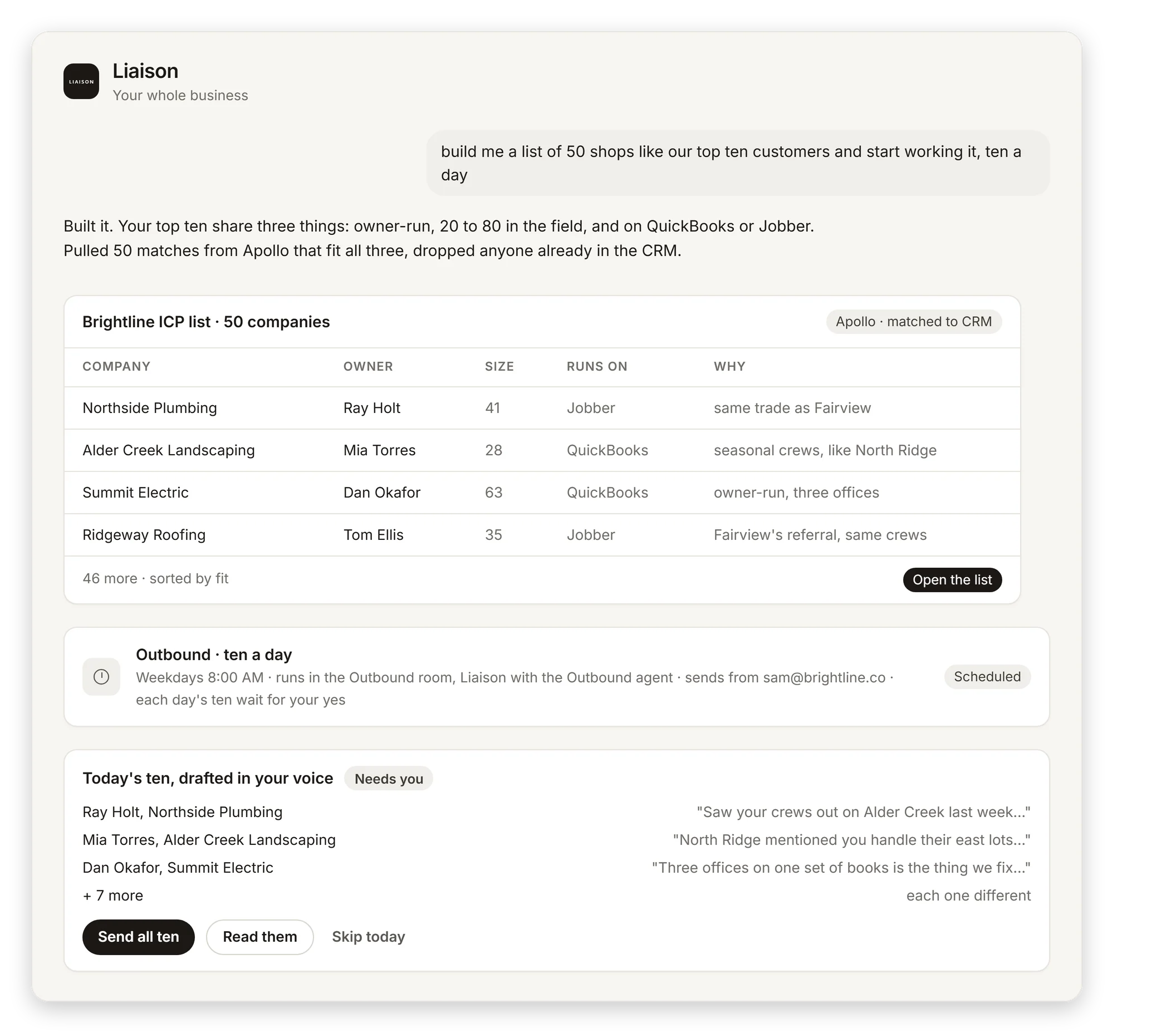 Ask Liaison building an ICP list of fifty companies from Apollo and starting an outbound routine