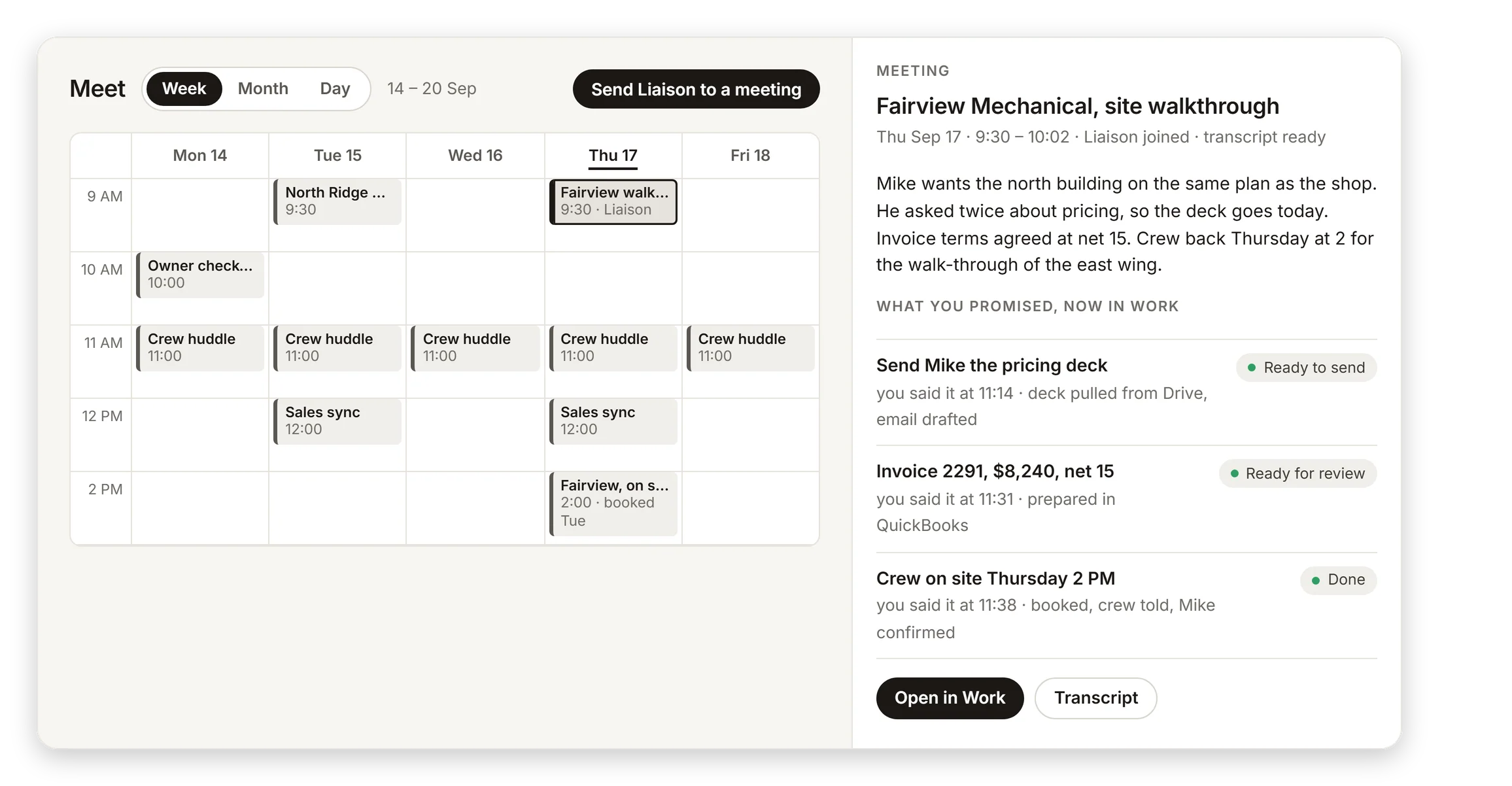 Meet, the week view, with the Fairview Mechanical site walkthrough selected. The side panel holds the recap and, under What you promised, now in Work: send Mike the pricing deck, ready to send; invoice 2291 for $8,240 net 15, ready for review; crew on site Thursday 2 PM, done